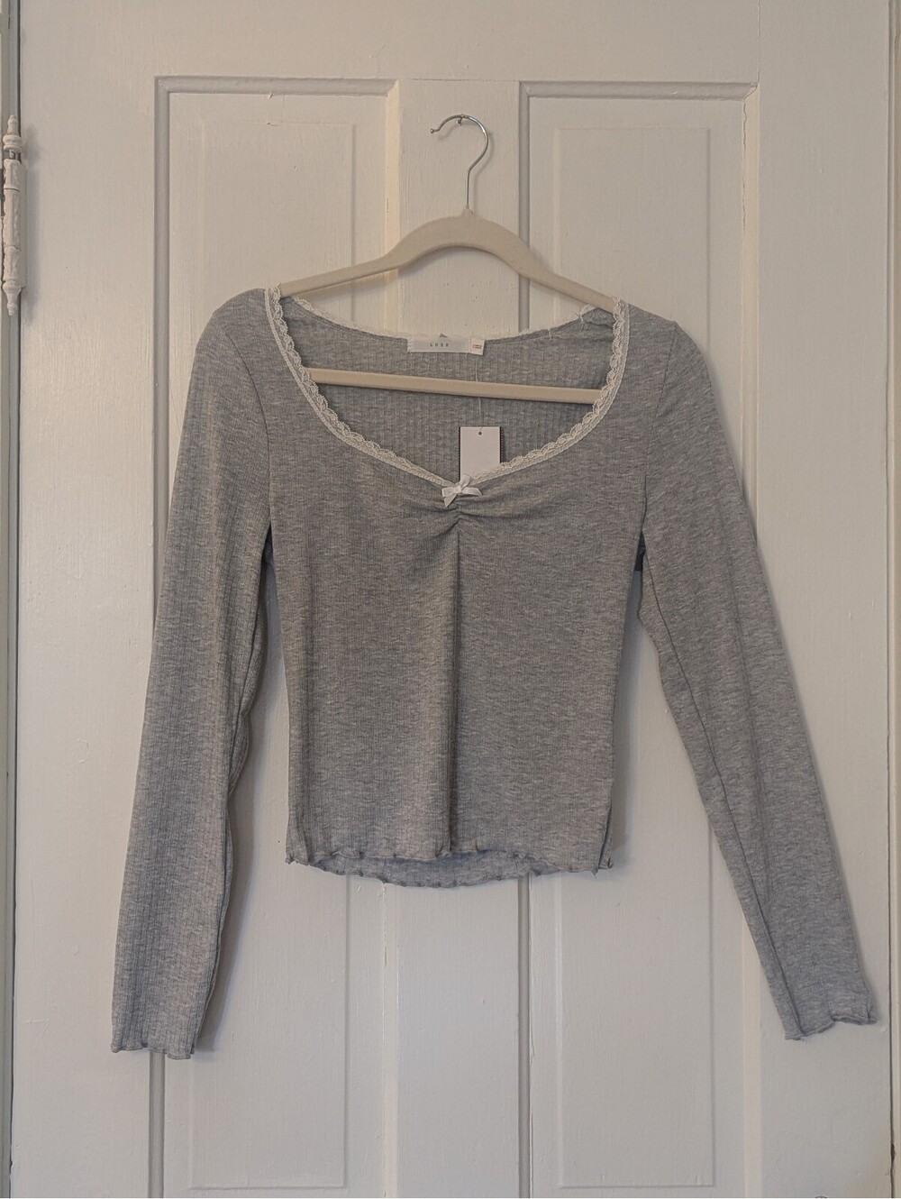 NWT LUSH HEATHER GRAY WITH LACE TRIM RIBBED BABY DOLL TOP | NWT | SIZE S  Y2K